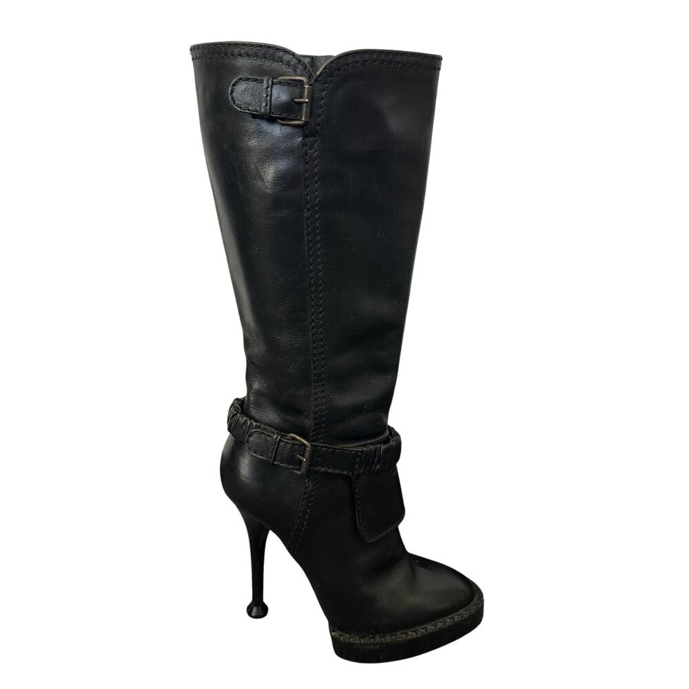 Kenzo Leather Tall Boots Black High Heel Platform Size 37 Going Out Dressy